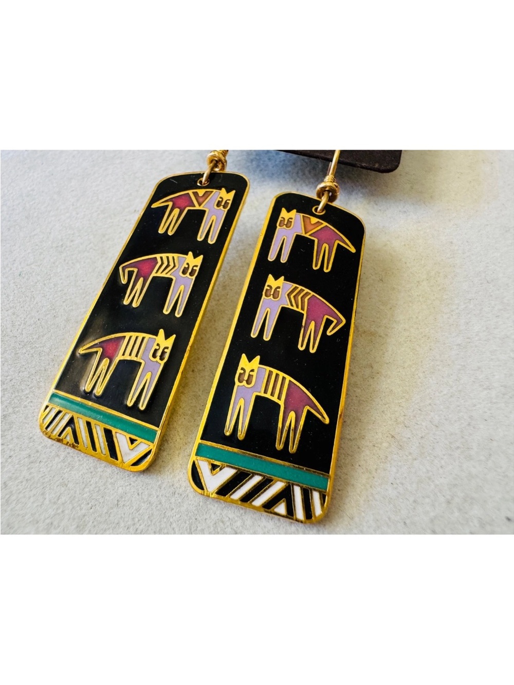 Vintage 1990 Laurel Burch Black HIEROGLYPHIC CATS Pierced Earrings on Orig. Card - Picture 5 of 10